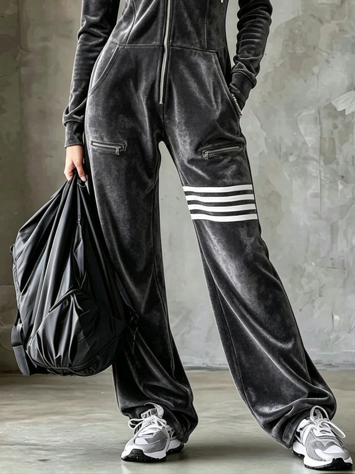 Velvet Hooded Zipper Wide Leg Jumpsuit