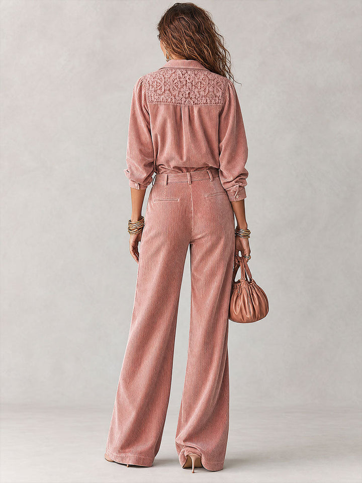 Boho Corduroy Lace-Trim Shirt & Wide-Leg Pants Set