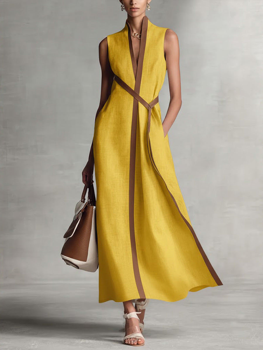 Women's Stand-up Collar Sleeveless Casual Loose Cotton And Linen Dress