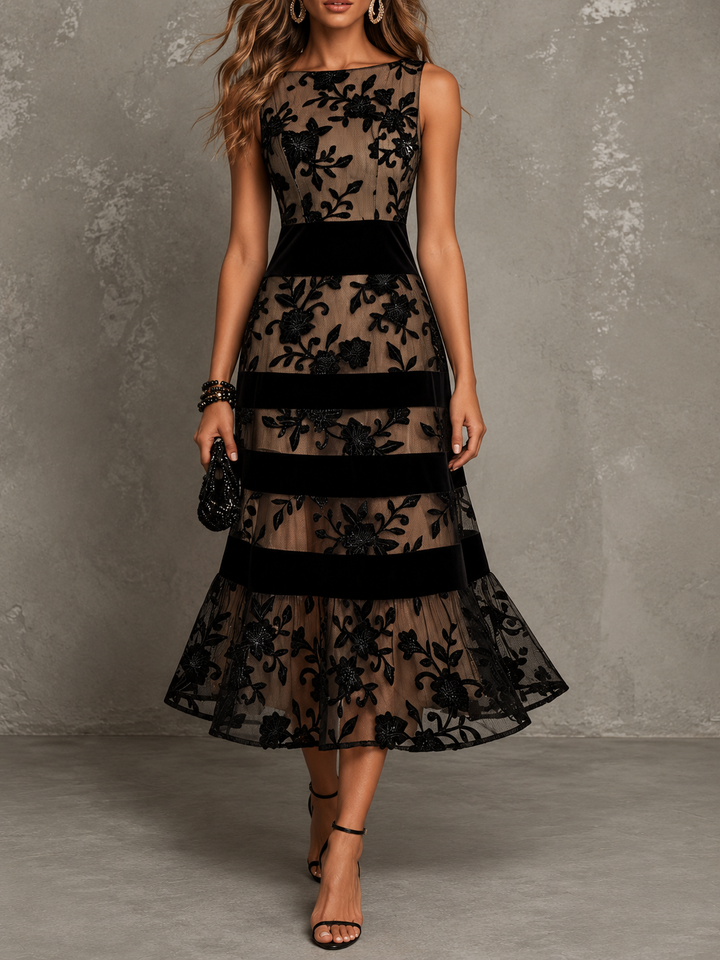 Cordelia | Black Floral A-Line Midi