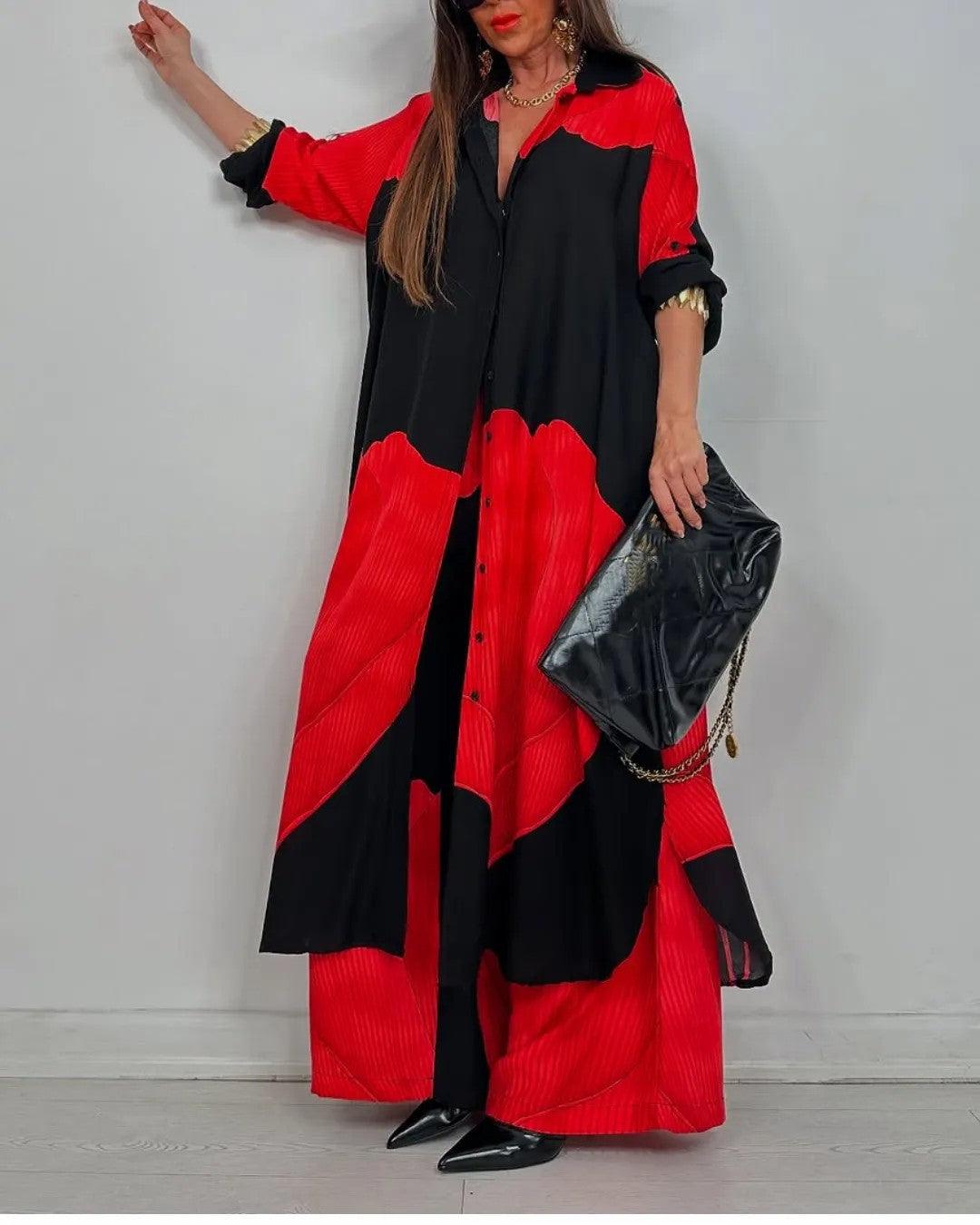 Women's V-neck Patchwork Top and Pants Casual Set