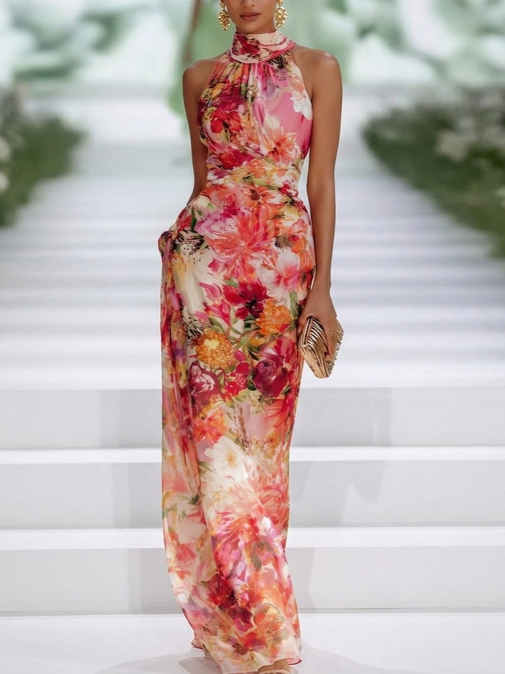 Stacey | Red Floral Halter Dress