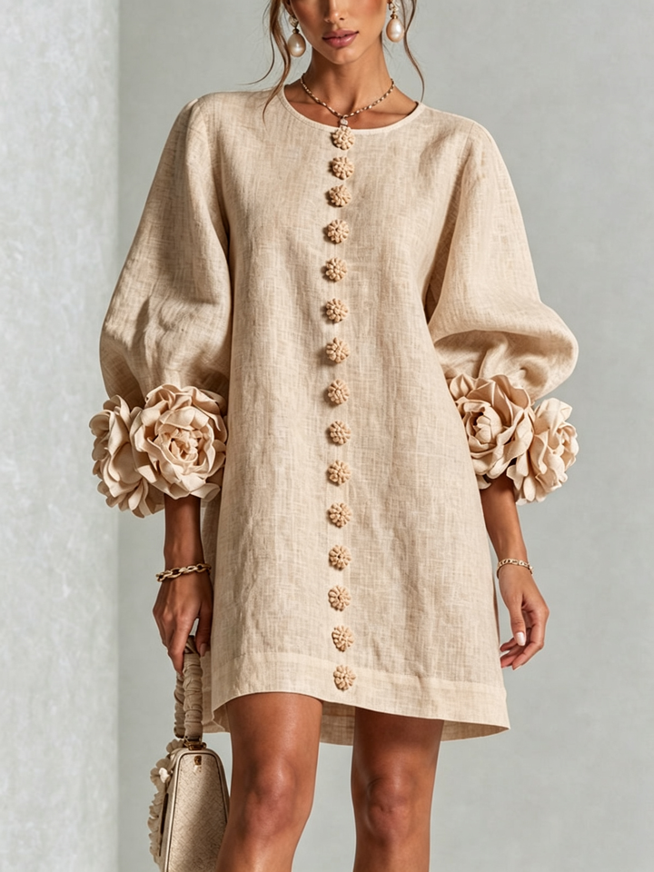 Susanna | Button-Front Floral-Cuff Mini Dress