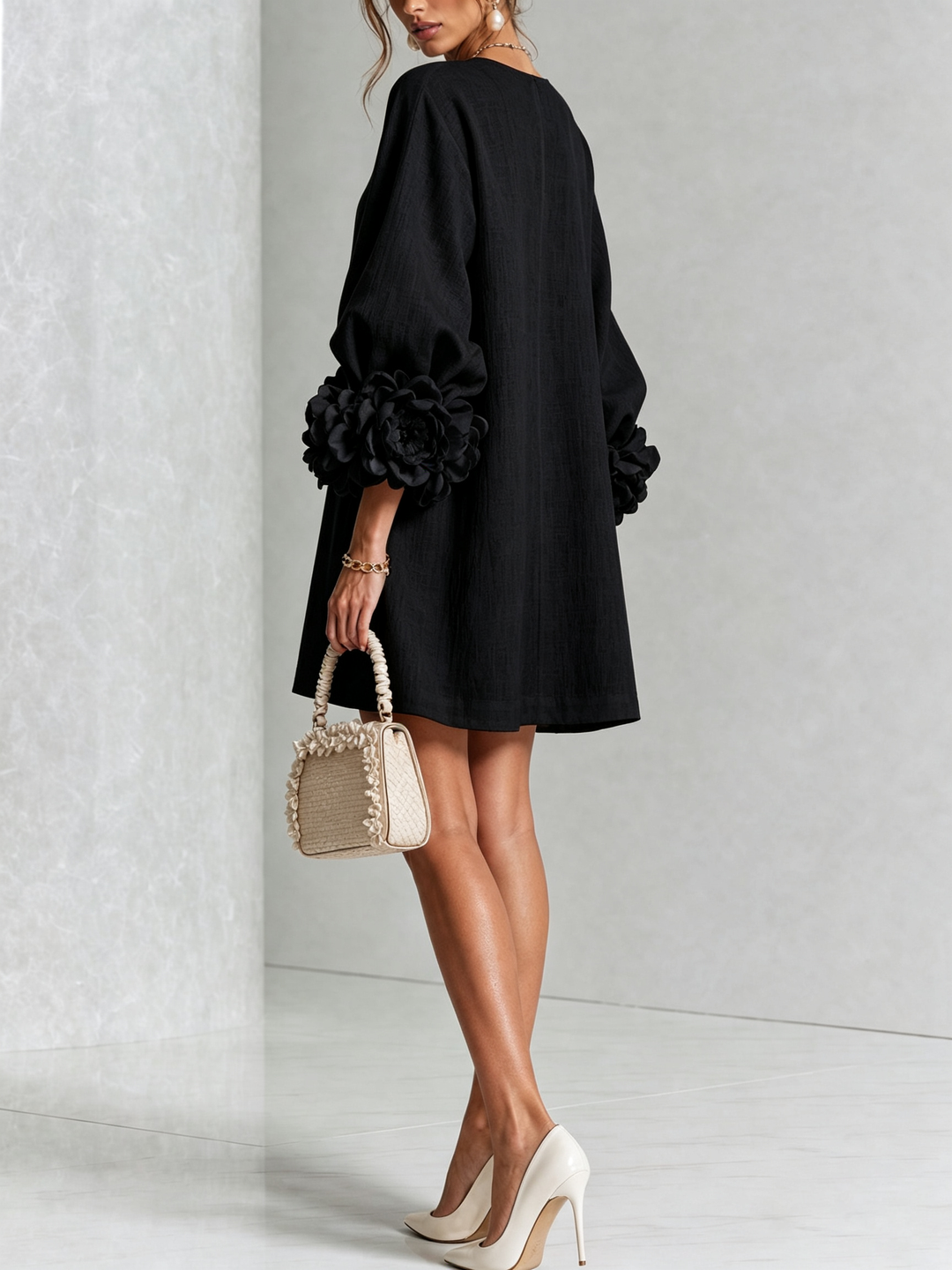 Susanna | Button-Front Floral-Cuff Mini Dress