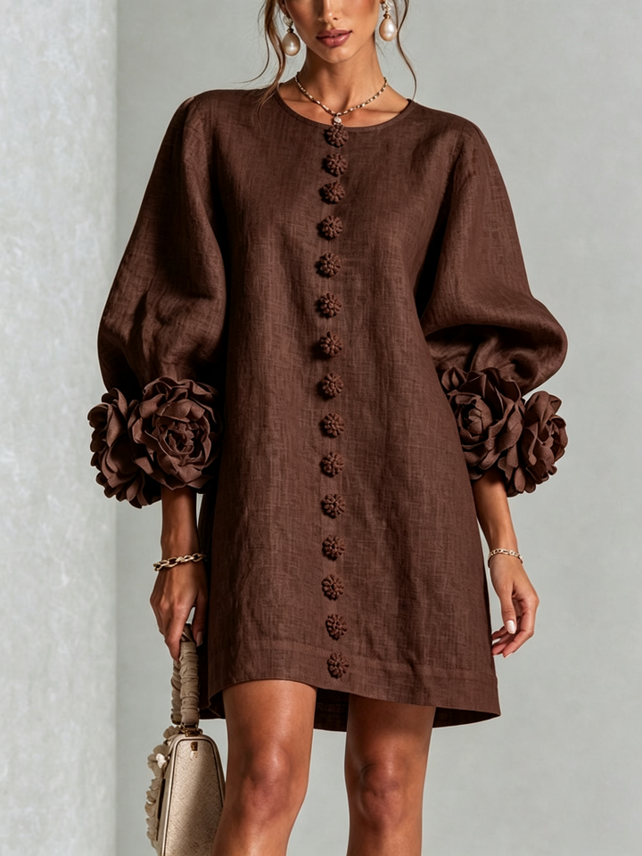 Susanna | Button-Front Floral-Cuff Mini Dress