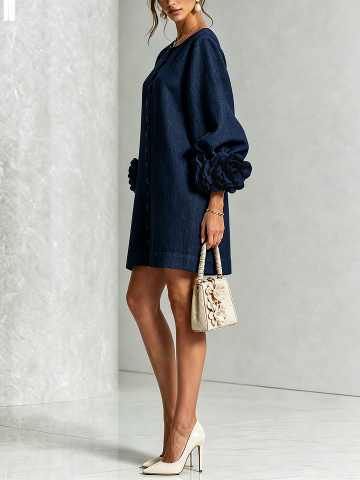 Susanna | Button-Front Floral-Cuff Mini Dress