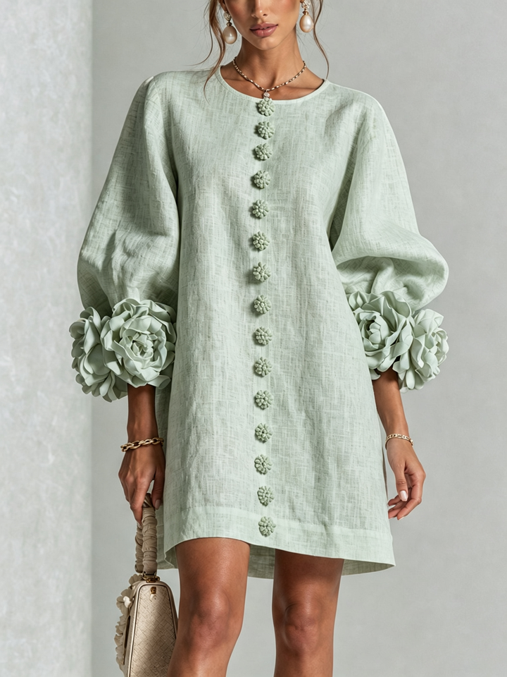 Susanna | Button-Front Floral-Cuff Mini Dress