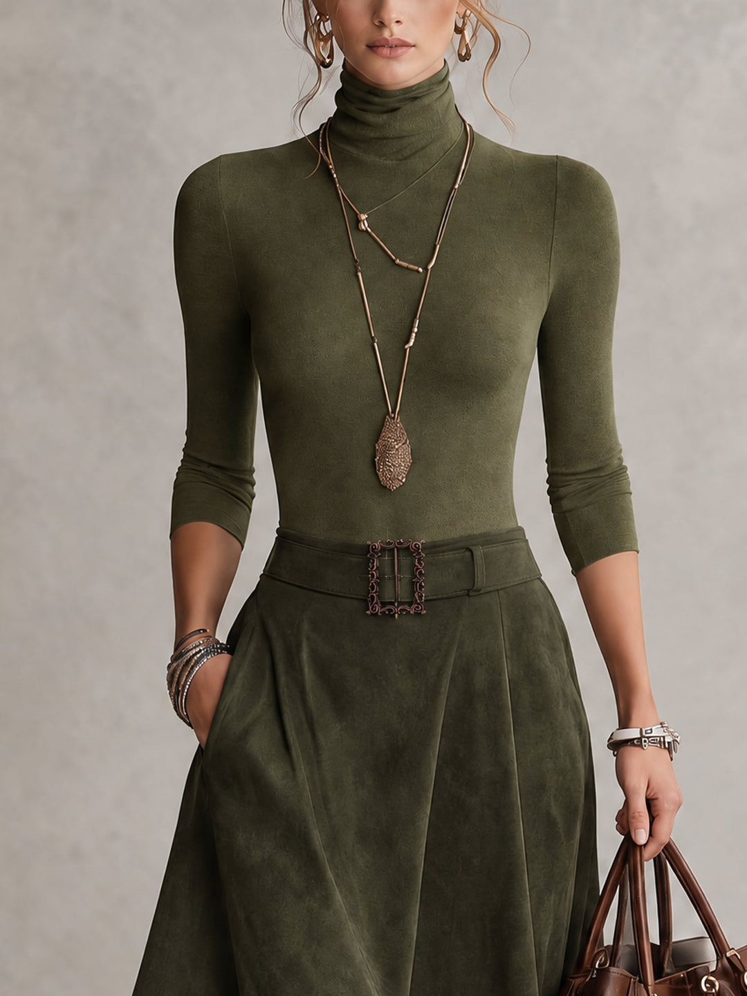 Turtleneck Top And Asymmetrical Skirt Set (with belt)
