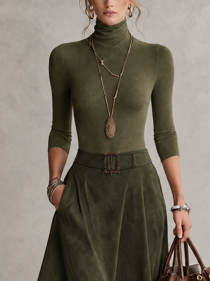 Turtleneck Top And Asymmetrical Skirt Set (with belt)