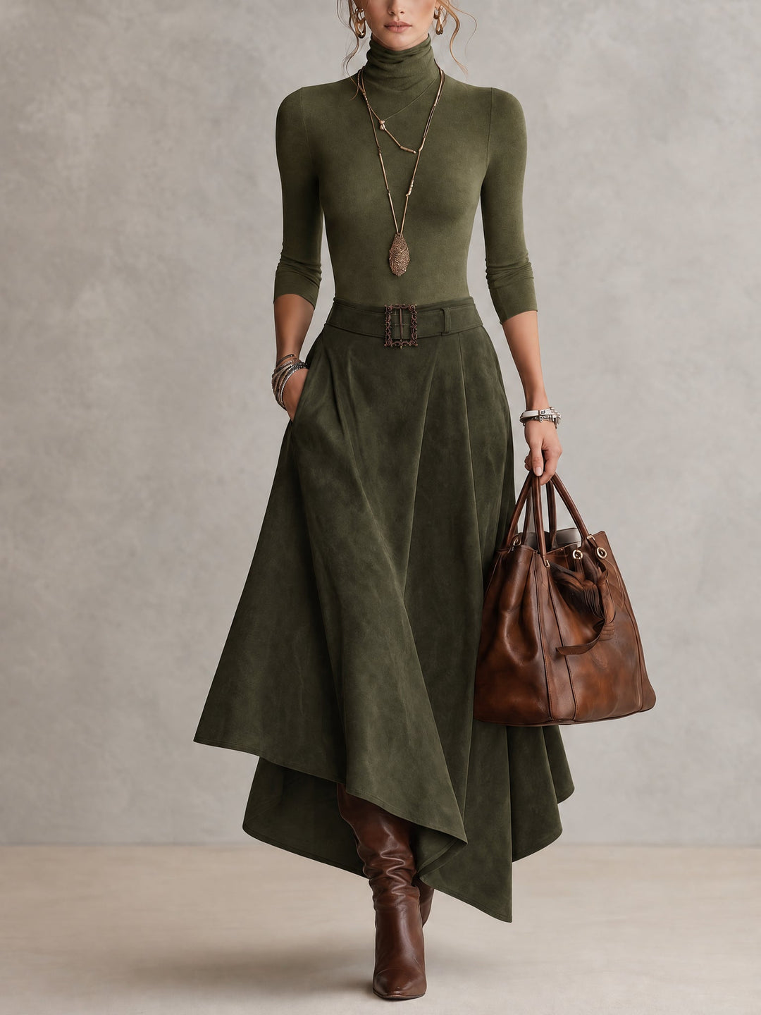 Turtleneck Top And Asymmetrical Skirt Set (with belt)