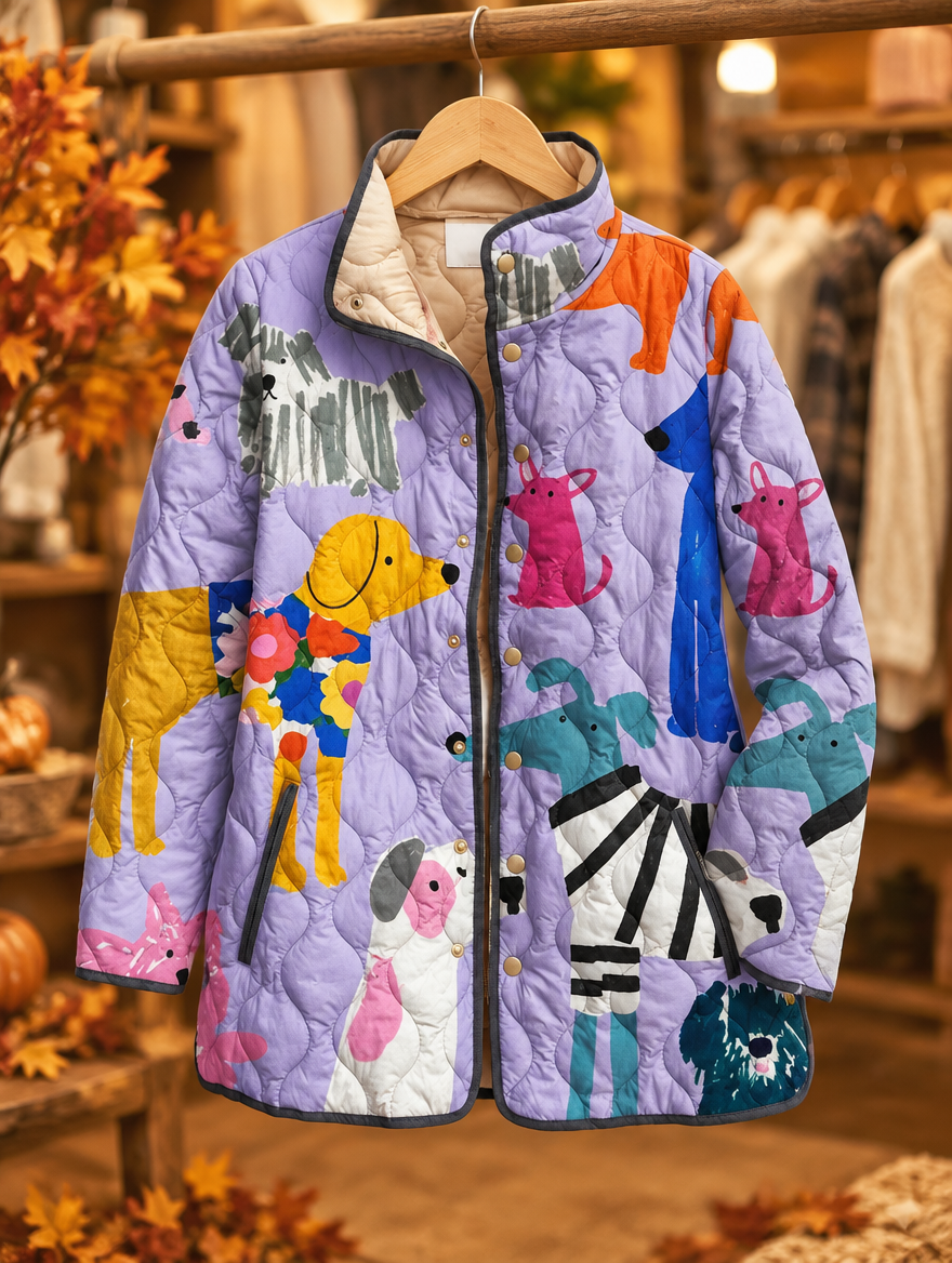 Rhea | Casual Quilted Jacket with Dog Print