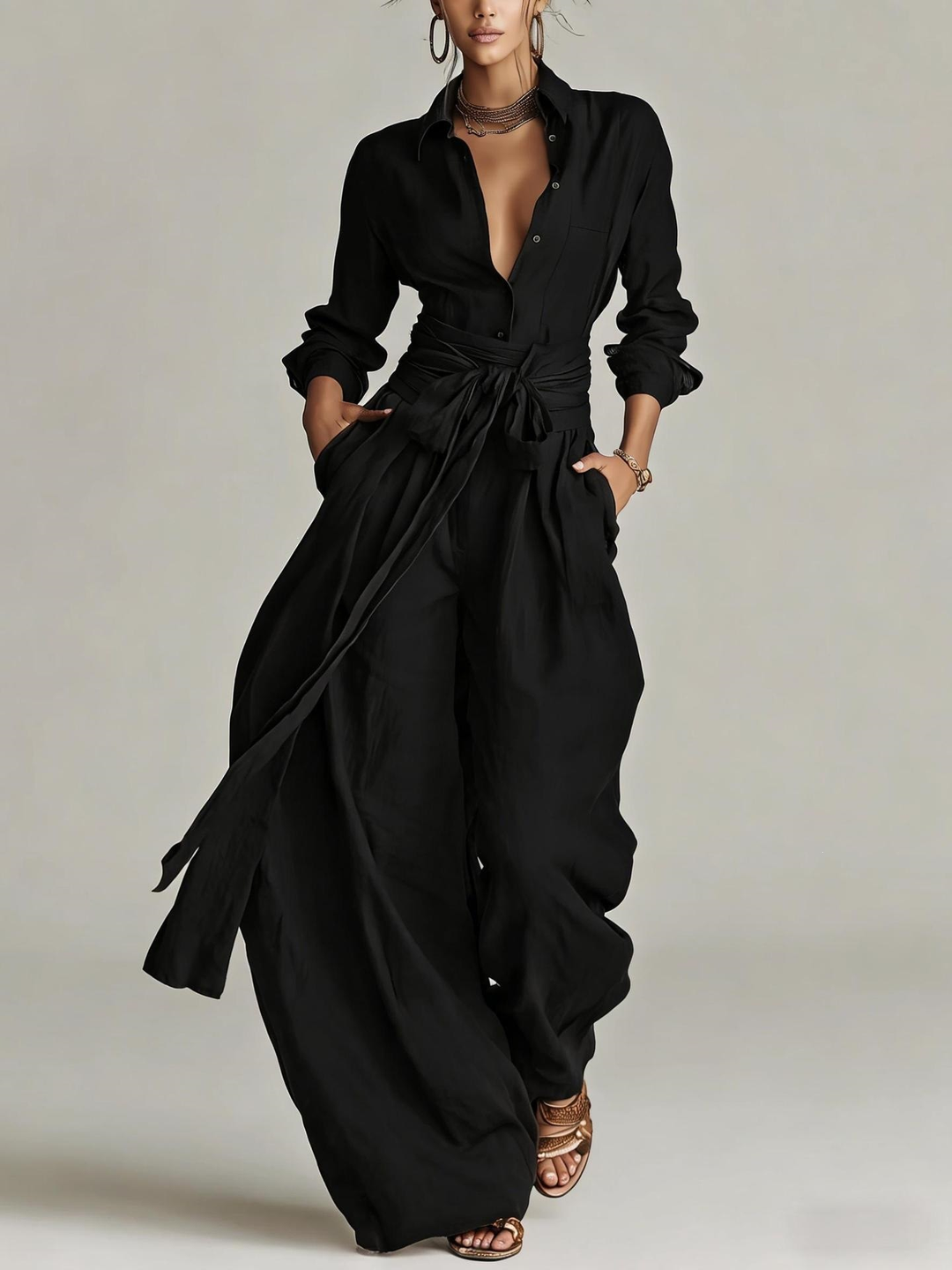 Betty | Tie-Waist Shirt and Wide-Leg Pants Two-Piece Set for Women