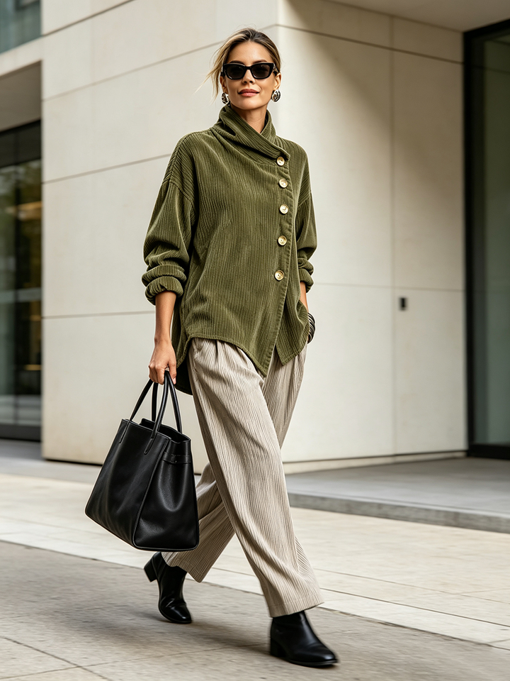 Nina- Asymmetric Button Corduroy Turtleneck