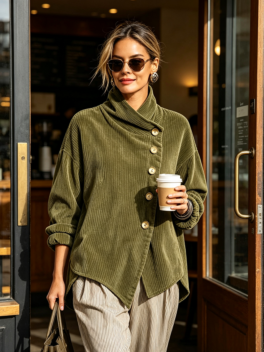 Nina- Asymmetric Button Corduroy Turtleneck