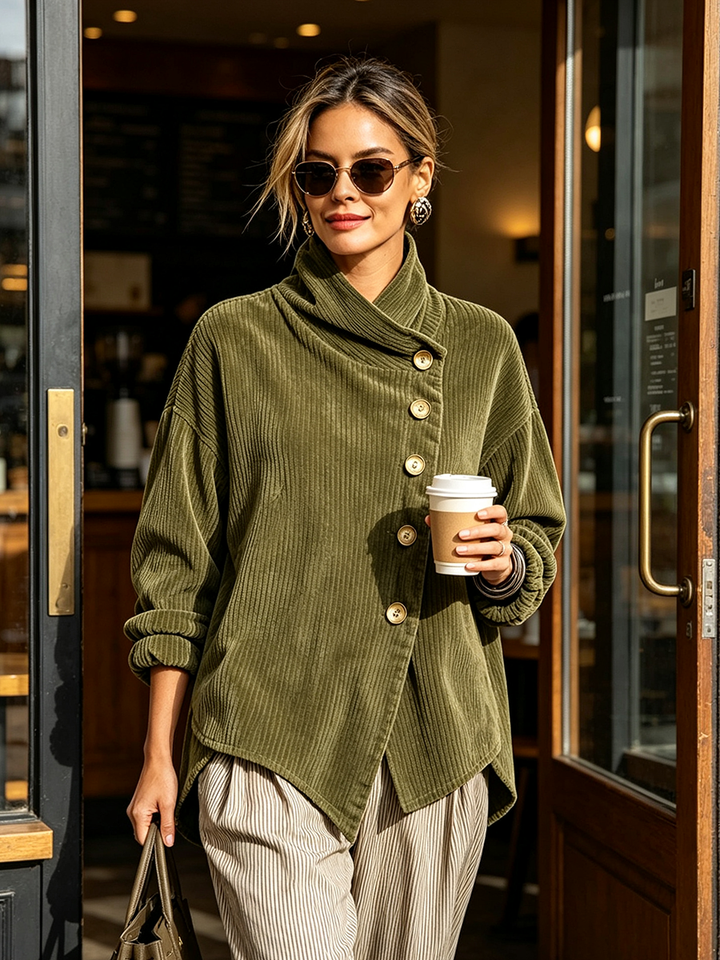 Nina- Asymmetric Button Corduroy Turtleneck