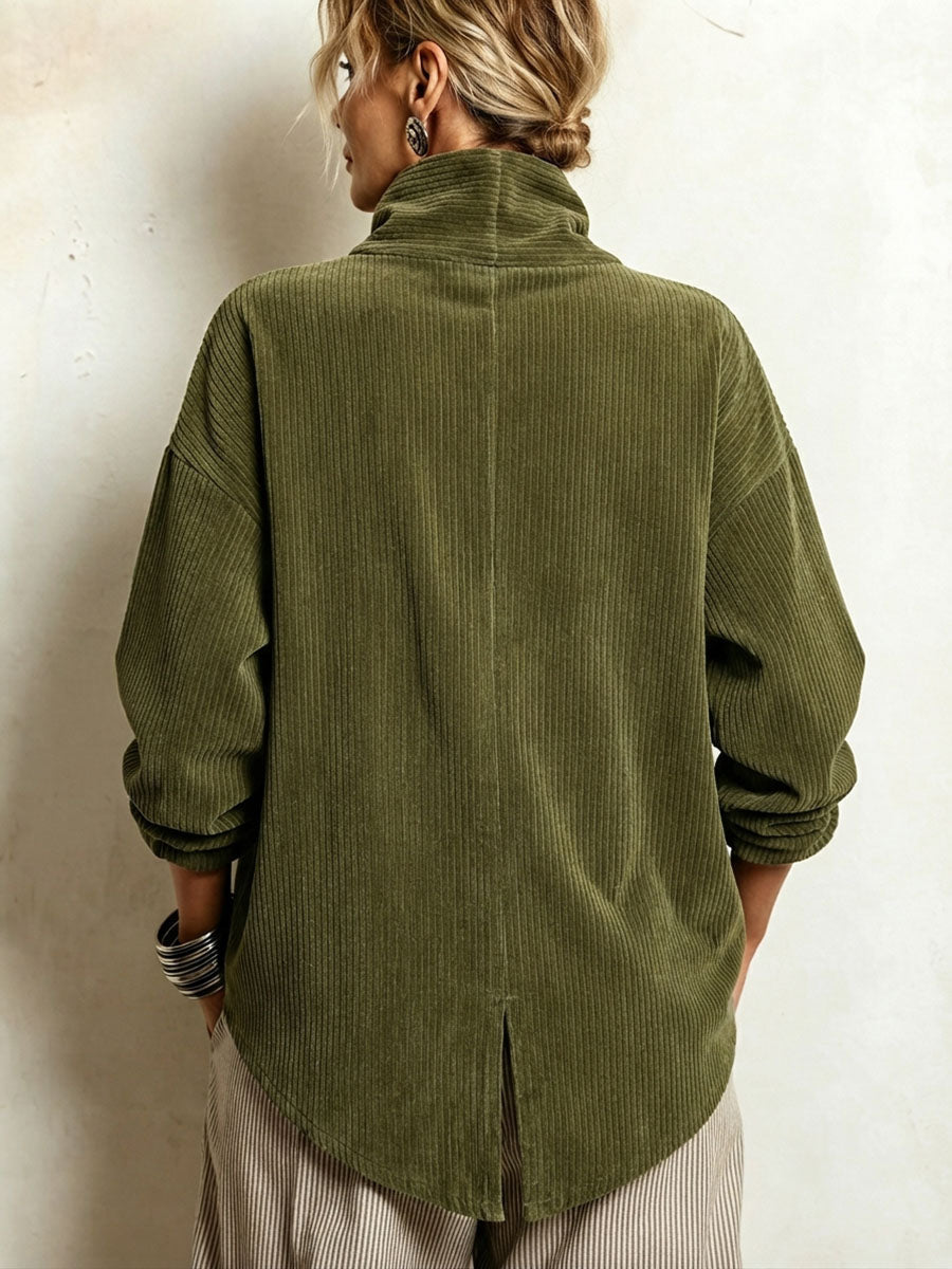 Nina- Asymmetric Button Corduroy Turtleneck