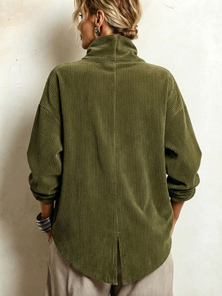 Nina- Asymmetric Button Corduroy Turtleneck